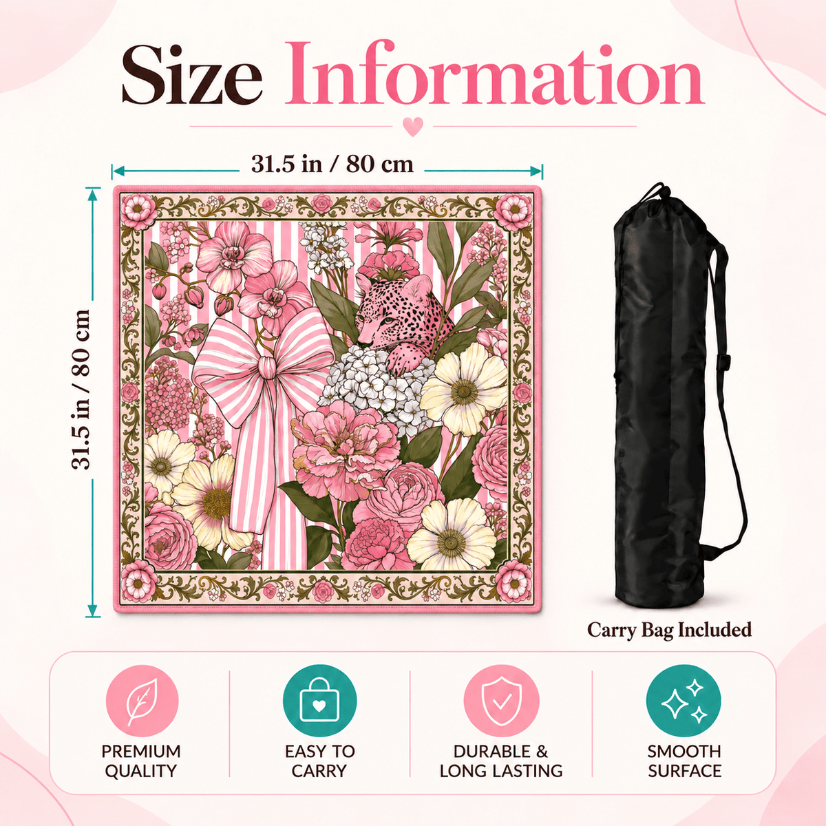 Pink leopard and striped bow floral mahjong mat size infographic showing 31.5 in / 80 cm dimensions, an included black carry bag, and four feature icons.