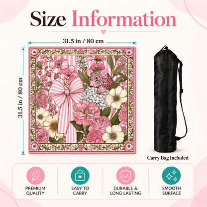 Pink leopard and striped bow floral mahjong mat size infographic showing 31.5 in / 80 cm dimensions, an included black carry bag, and four feature icons.
