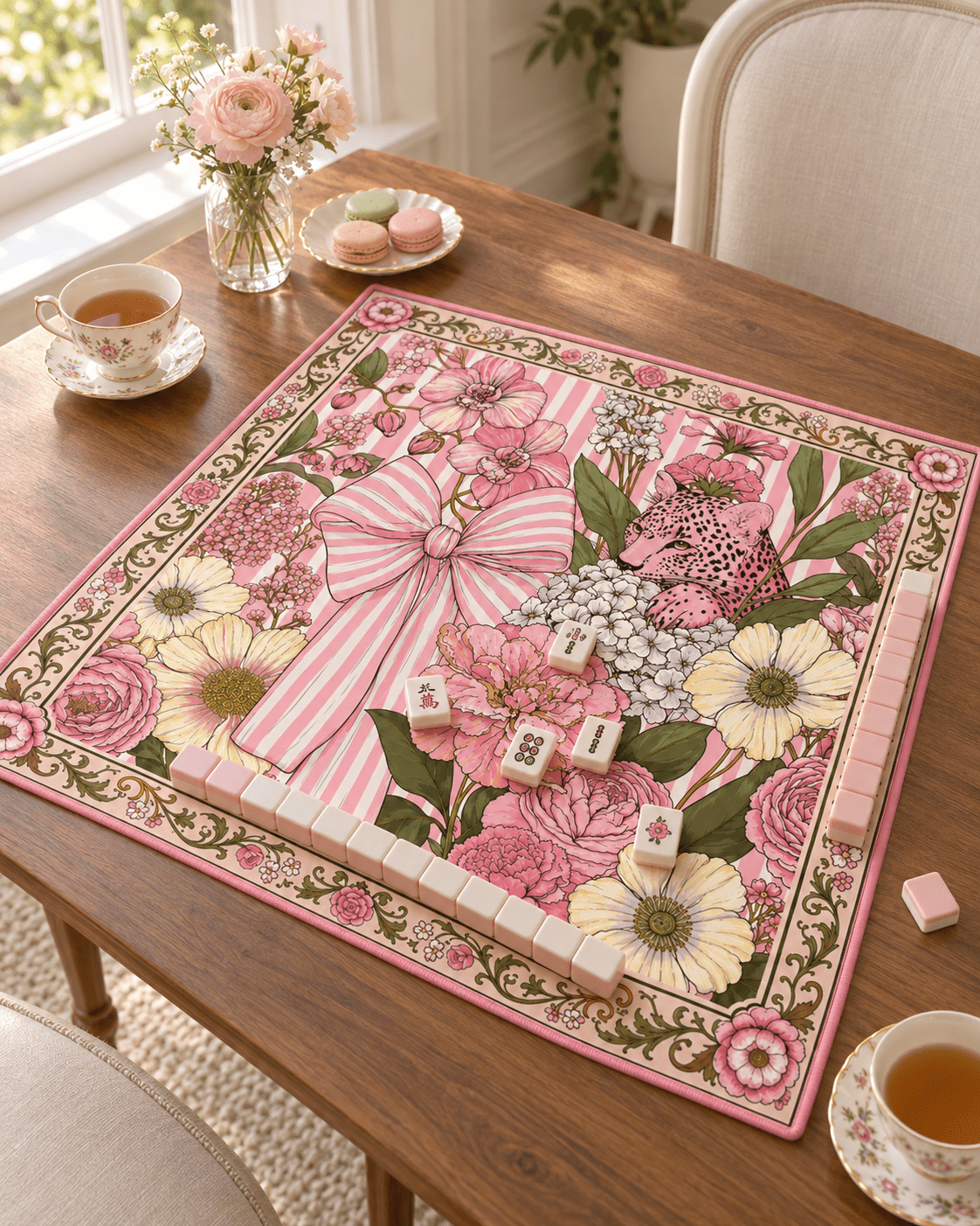 Pink leopard and striped bow floral mahjong mat with pink and white tiles on a wooden table beside teacups, pink flowers, and macarons.
