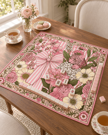 Pink leopard and striped bow floral mahjong mat with pink and white tiles on a wooden table beside teacups, pink flowers, and macarons.
