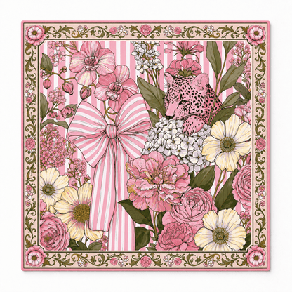 Square mahjong mat featuring a pink leopard, a large pink and white striped bow, flowers, and green leaves, framed by an ornate floral border and displayed against white.