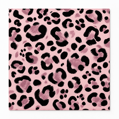 Square mahjong mat covered in bold black and dark pink leopard spots on a light pink background.