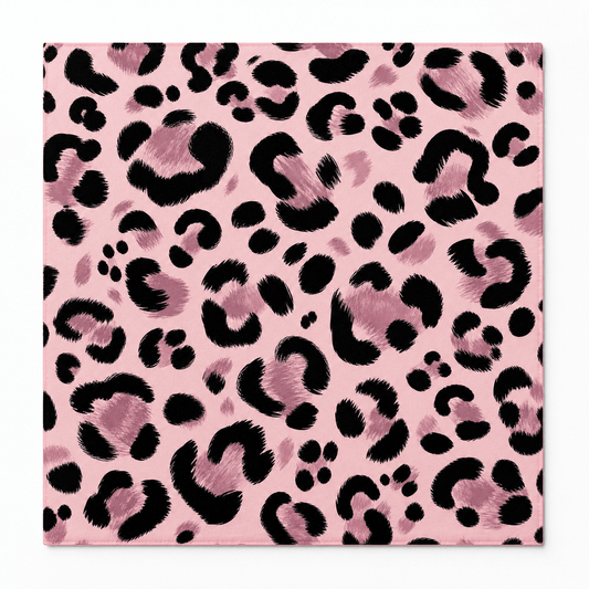 Square mahjong mat covered in bold black and dark pink leopard spots on a light pink background.