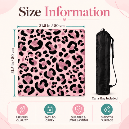 MahjCove pink leopard-print mahjong mat size infographic showing 31.5 in / 80 cm dimensions, included black carry bag, and four feature icons.