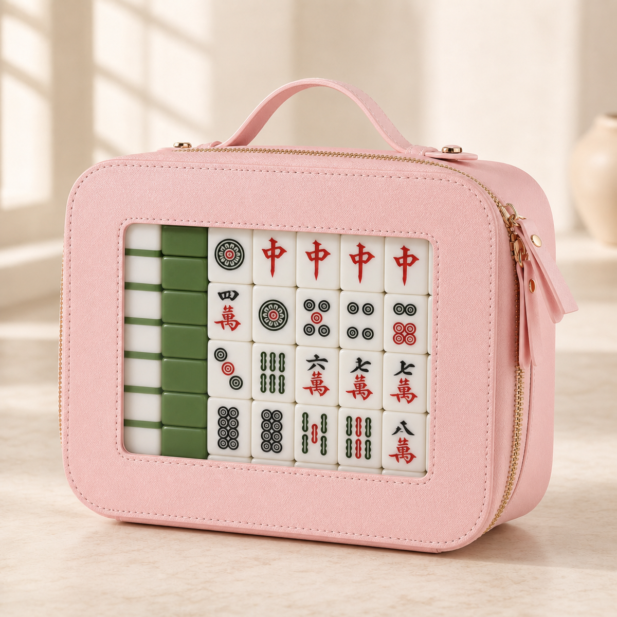 Pink Mahjong tile storage bag filled with tiles