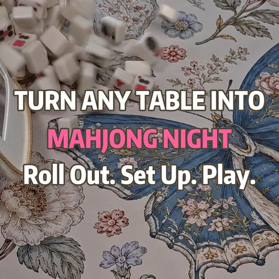 Watch the Blue Butterfly Garden Mahjong Mat unfold, revealing its elegant blue butterfly and floral details up close. A beautiful centerpiece for every mahjong game night. 