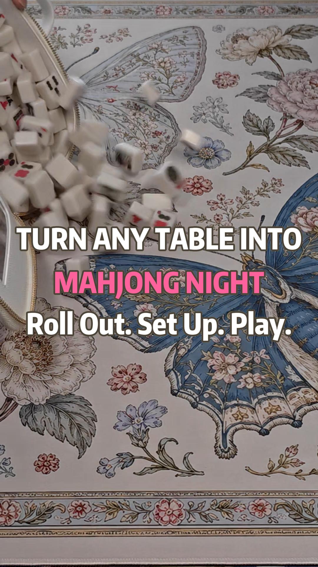 Watch the Blue Butterfly Garden Mahjong Mat unfold, revealing its elegant blue butterfly and floral details up close. A beautiful centerpiece for every mahjong game night. 
