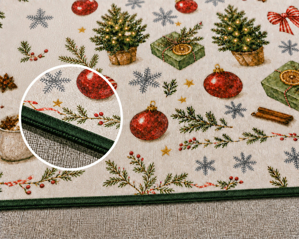Christmas mahjong game mat with stitched edge close‑up