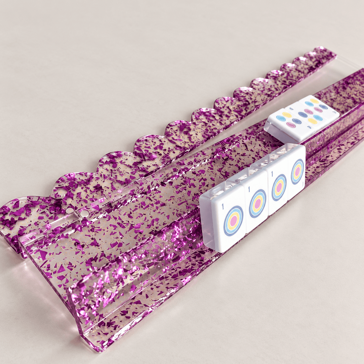 Purple gold foil acrylic mahjong rack holding sample mahjong tiles