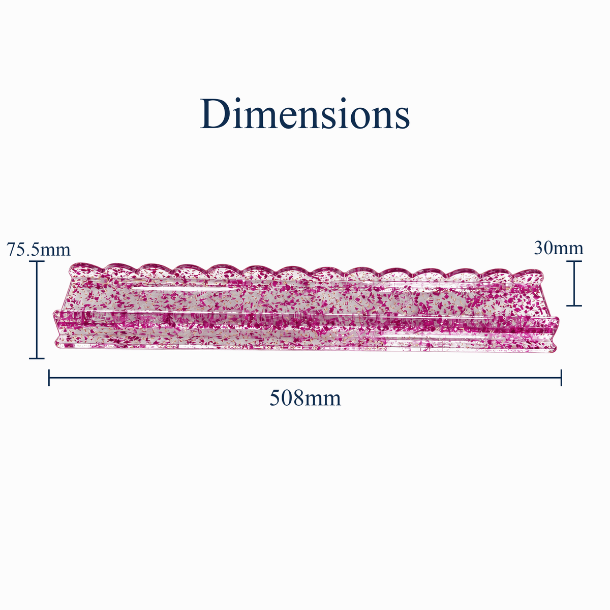 Purple acrylic mahjong rack dimension diagram showing 508 mm length, 75.5 mm width, and 30 mm height