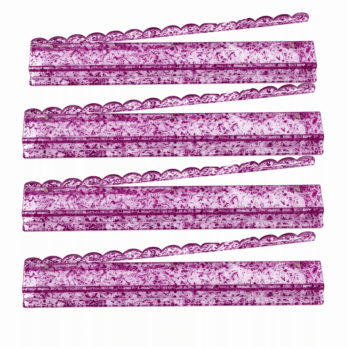 Four purple gold foil acrylic mahjong racks arranged on a light background