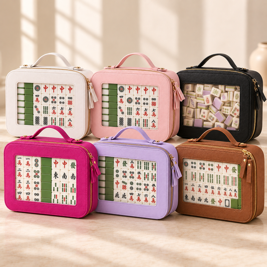 Six mahjong tile carrying cases in white, pink, black, fuchsia, purple, and brown, each with a top handle, gold zipper, and clear front window displaying mahjong tiles.