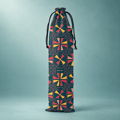 Teal vintage mahjong rack pouch with geometric print and drawstring closure