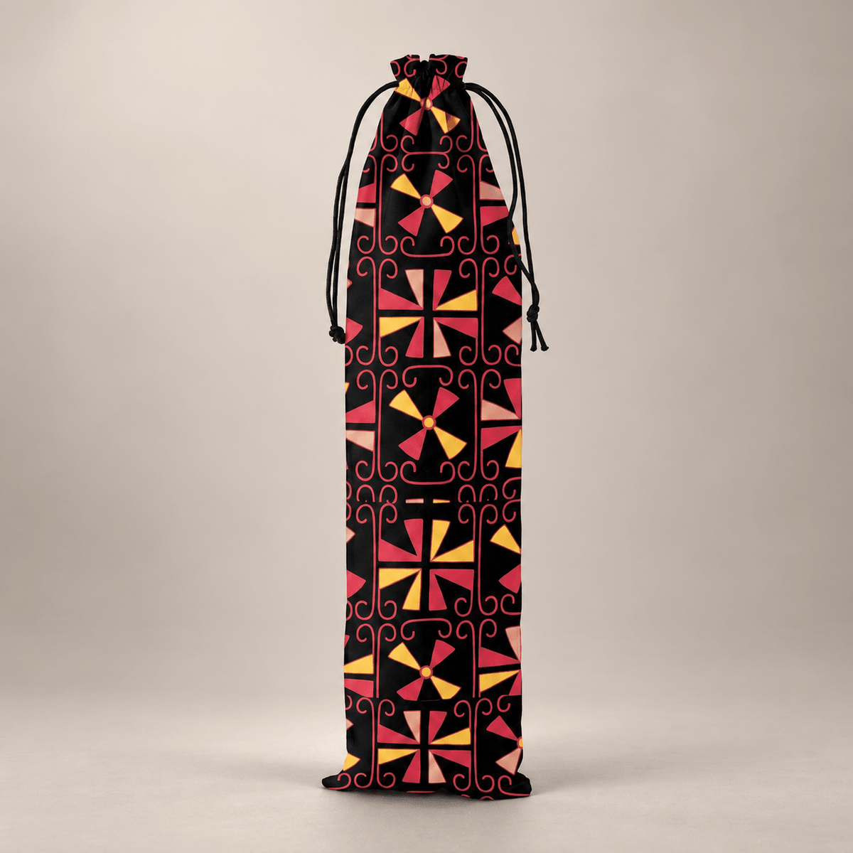 Black vintage mahjong rack pouch with geometric print and drawstring closure