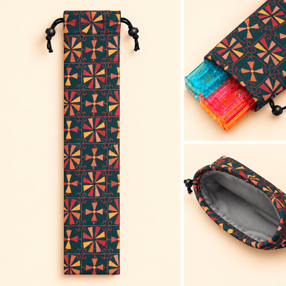 Teal mahjong rack pouch showing the printed exterior, racks, and open interior