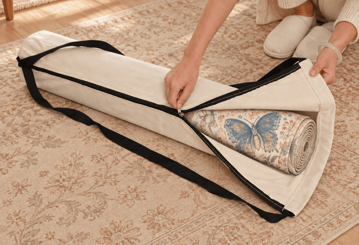 White canvas bag holding a rolled butterfly-print tablecloth