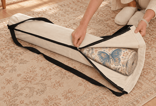 White canvas bag holding a rolled butterfly-print tablecloth