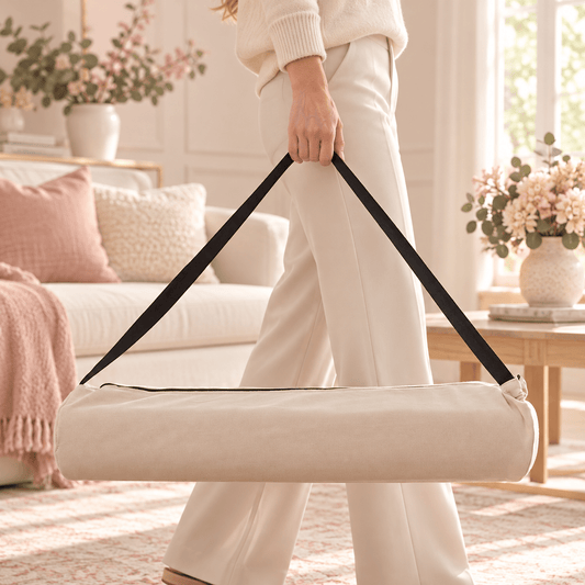 Woman carrying a white canvas mahjong mat bag with black shoulder straps 
