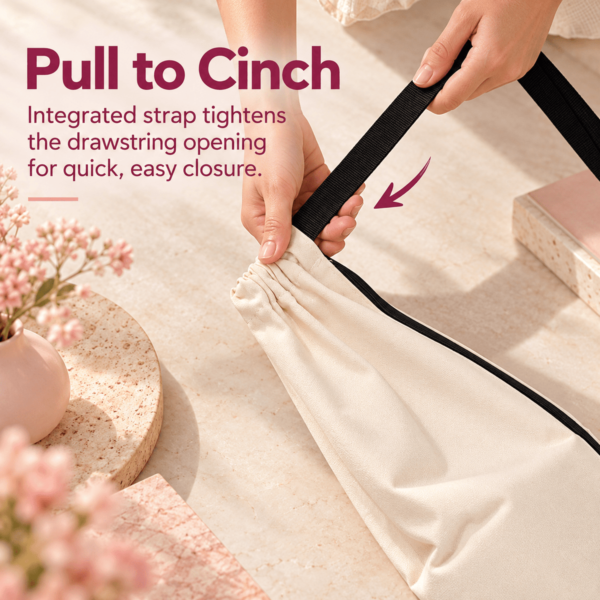 Close-up showing the drawstring closure on a white canvas storage bag