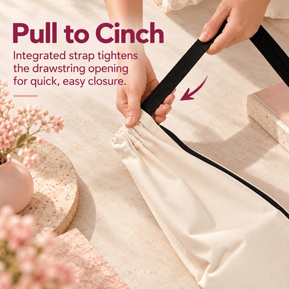 Close-up showing the drawstring closure on a white canvas storage bag