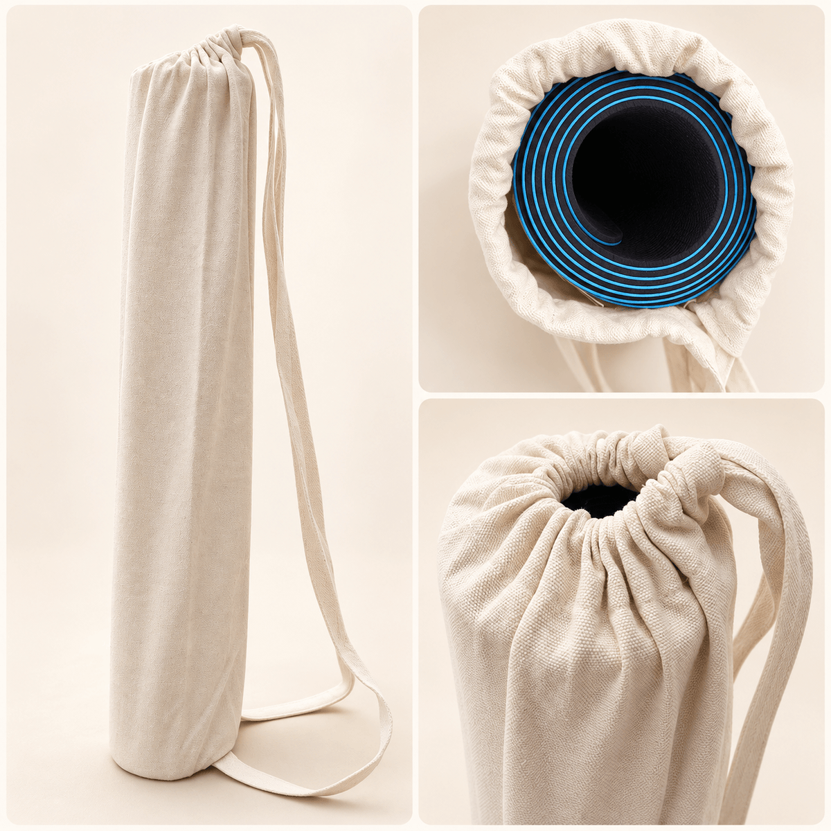 Three views of the natural canvas mahjong mat bag showing the full bag, open top with a blue-edged rolled mat, and cinched drawstring.