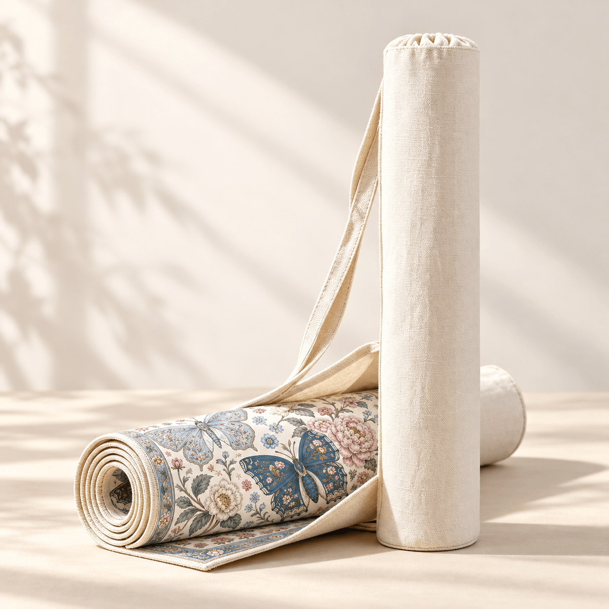 Natural canvas mahjong mat storage bag beside a rolled butterfly and floral print mat on a cream background.