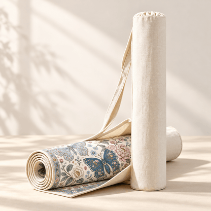 Natural canvas mahjong mat storage bag beside a rolled butterfly and floral print mat on a cream background.
