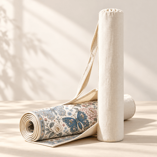 Natural canvas mahjong mat storage bag beside a rolled butterfly and floral print mat on a cream background.