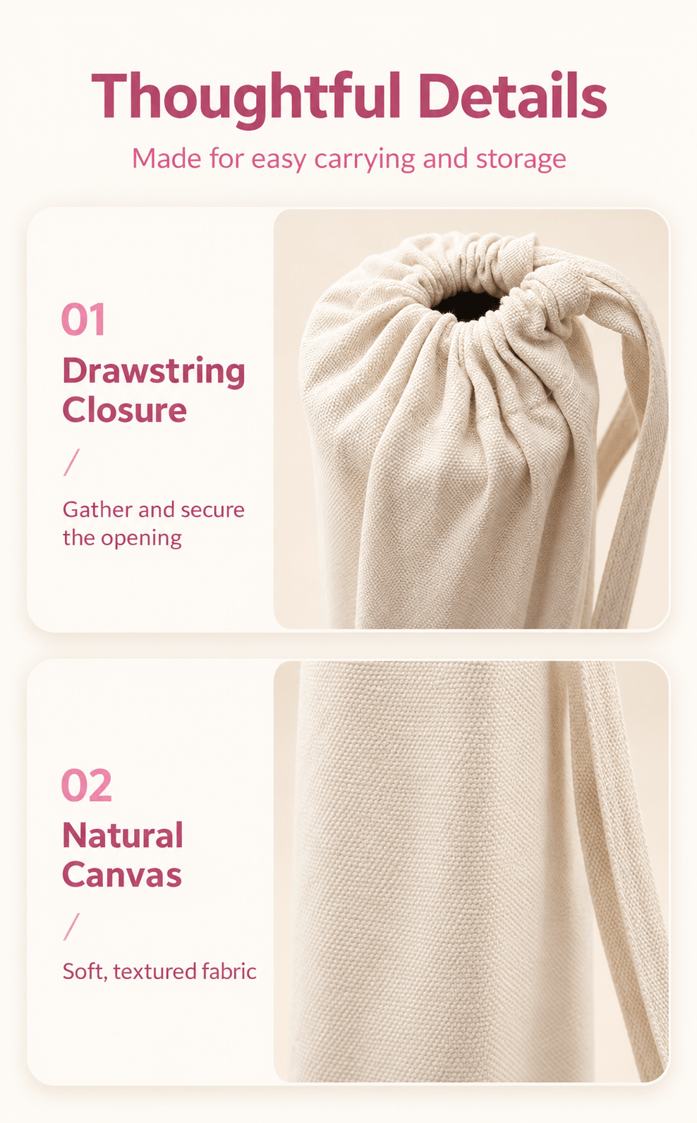 Product detail graphic showing the canvas bag's gathered drawstring closure and natural fabric weave with pink English labels. 