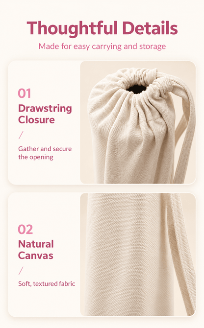 Product detail graphic showing the canvas bag's gathered drawstring closure and natural fabric weave with pink English labels. 