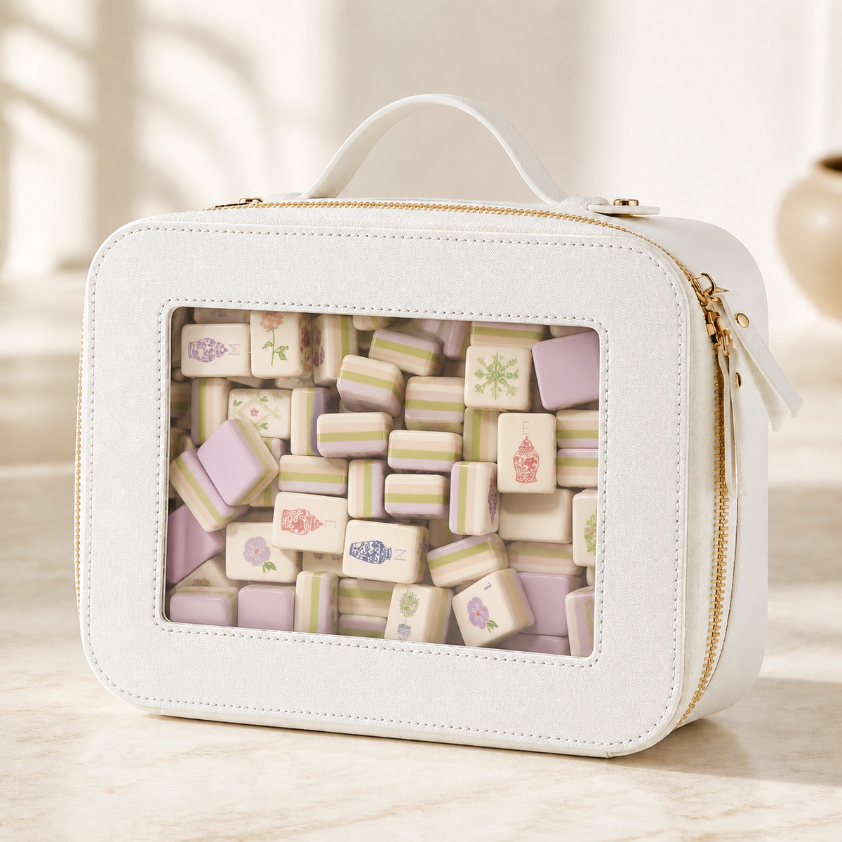 White clear‑window mahjong bag with floral mahjong tiles inside