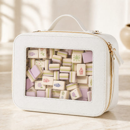 White clear‑window mahjong bag with floral mahjong tiles inside