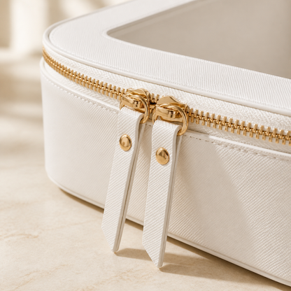 Close‑up of gold double zipper on white PU mahjong bag